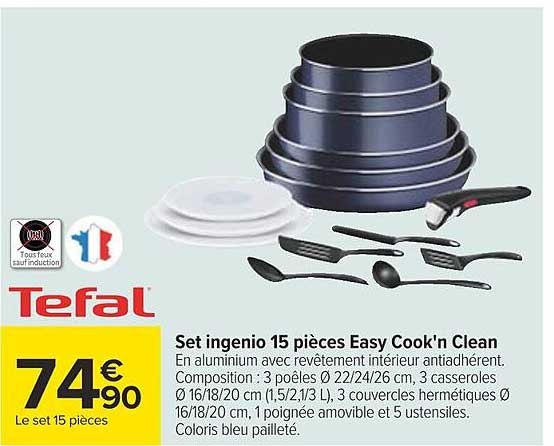set ingenio 15 pièces easy cook'n clean tefal