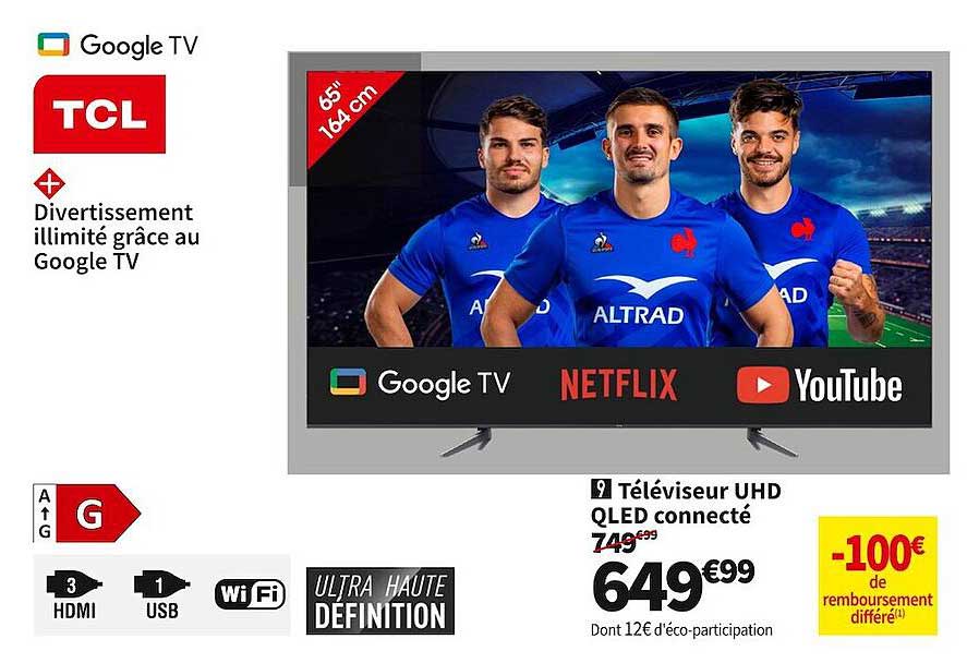 Téléviseur Uhd Qled Connecté 65" 164 Cm Google Tv