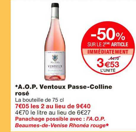 a.o.p. ventoux passe colline rosé -50% sur le 2ème article immédiatement