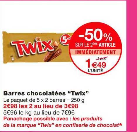barres chocolatées twix -50% sur le 2ème article immédiatement