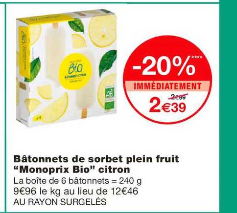 Bâtonnets De Sorbet Plein Fruit Monoprix Bio Citron -20% Immédiatement