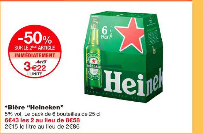 bière heineken -50% sur le 2ème article immédiatement
