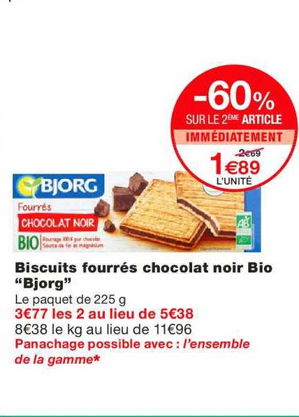 biscuits fourrés chocolat noir bio bjorg -60% sur le 2ème article immédiatement