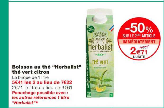 boisson au thé herbalist thé vert citron -50% sur le 2ème article immédiatement