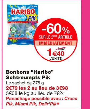 bonbons haribo schtroumpfs pik -60% sur le 2ème article immédiatement