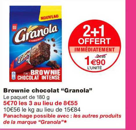 brownie chocolat granola 2+1 offert immédiatement