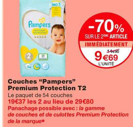 couches pampers premium protection t2 -70% sur le 2ème article immédiatement