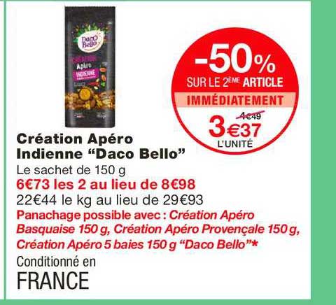 création apéro indienne daco bello -50% sur le 2ème article immédiatement