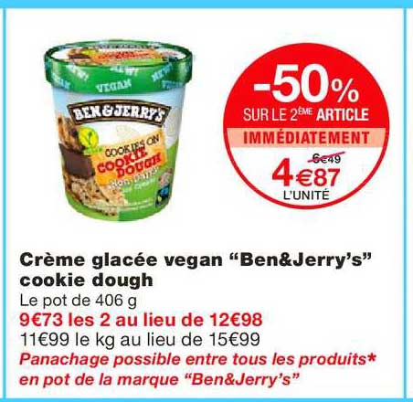 crème glacée vegan ben&jerry's cookie dough -50% sur le 2ème article immédiatement