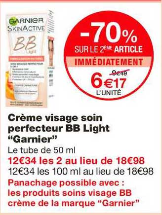 crème visage soin perfecteur bb light garnier -70% sur le 2ème article immédiatement