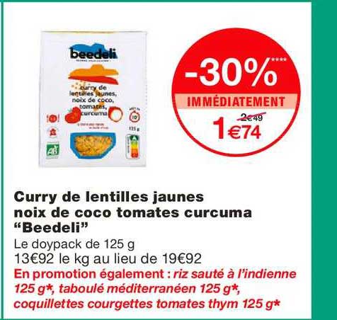 curry de lentilles jaunes noix de coco tomates curcuma beedeli -30% immédiatement
