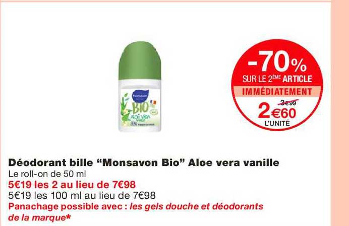 déodorant bille monsavon bio aloe vera vanille -70% sur le 2ème article immédiatement