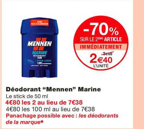 déodorant mennen marine -70% sur le 2ème article immédiatement