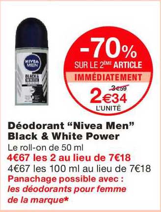 déodorant nivea men black & white power -70% sur le 2ème article immédiatement