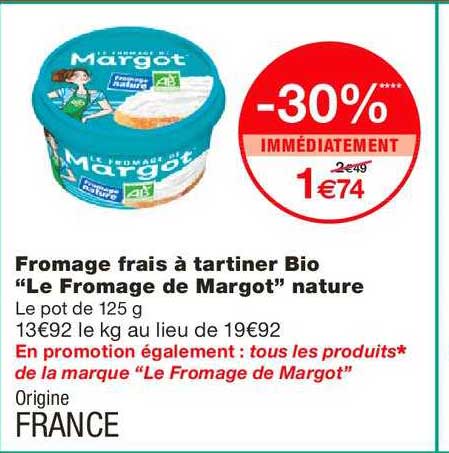 fromage frais à tartiner bio le fromage de margot nature -30% immédiatement