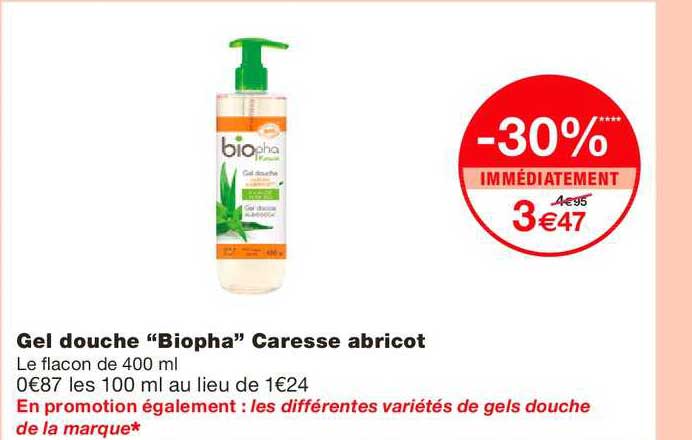 gel douche biopha caresse abricot -30% immédiatement
