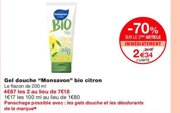 gel douche monsavon bio citron -70% sur le 2ème article immédiatement