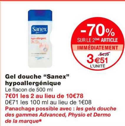 gel douche sanex hypoallergénique -70% sur le 2ème article immédiatement