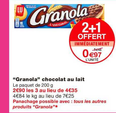 granola chocolat au lait 2+1 offert immédiatement