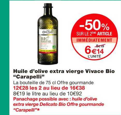 huile d'olive extra vierge vivace bio carapelli -50% sur le 2ème article immédiatement