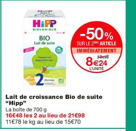 lait de croissance bio de suite hipp -50% sur le 2ème article immédiatement