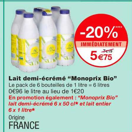 lait démi écrémé monoprix bio -20% immédiatement