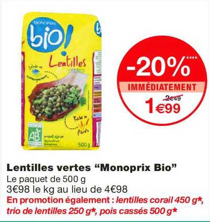 lentilles vertes monoprix bio -20% immédiatement