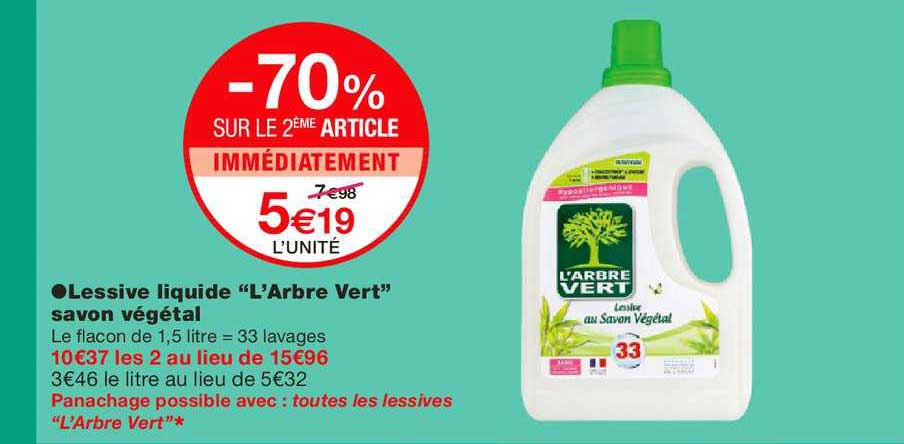 lessive liquide l'arbre vert savon végétal -70% sur le 2ème article immédiatement