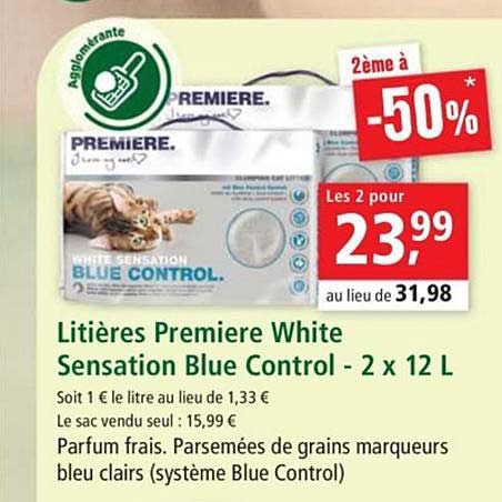litières premiere white sensation blue control 2 x 12 l 2ème à -50%