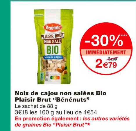noix de cajou non salée bio plaisir brut bénénuts -30% immédiatement