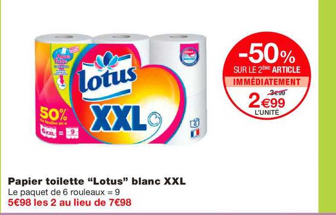 papier toilette lotus blanc xxl -50% sur le 2ème article immédiatement