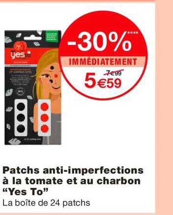 patchs anti imperfections à la tomate et au charbon yes to -30% immédiatement