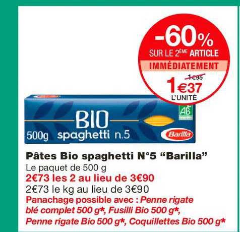 pâtes bio spaghetti n°5 barilla -60% sur le 2ème article immédiatement