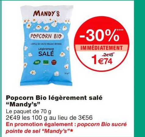 popcorn bio légèrement salé mandy's -30% immédiatement