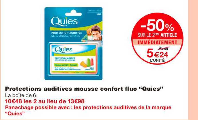 protections auditives mousse confort fluo quies -50% sur le 2ème article immédiatement