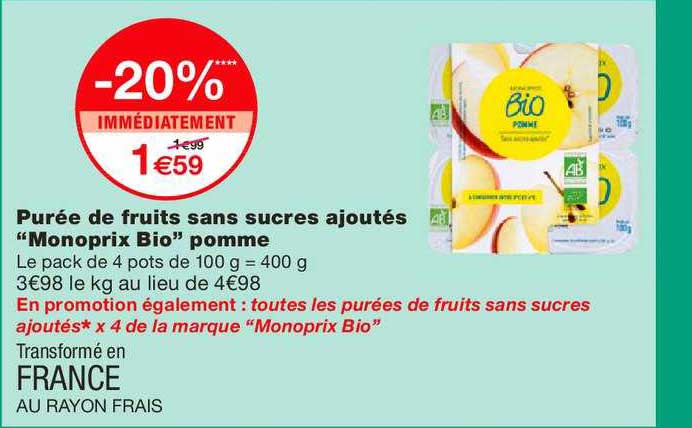 purée de fruits sans sucres ajoutés monoprix bio pomme -20% immédiatement