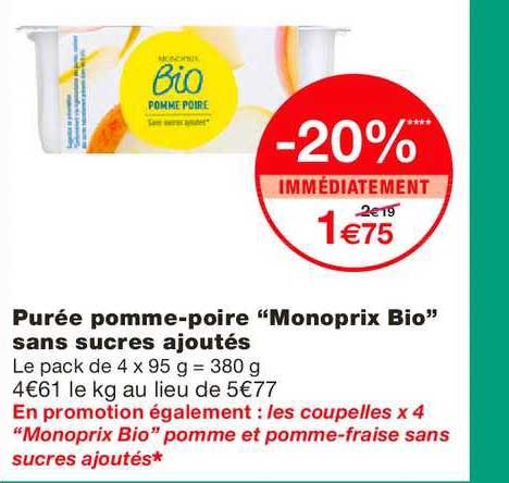 purée pomme poire monoprix bio sans sucre ajoutés -20% immédiatement