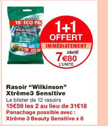 rasoir wilkinson xtrême3 sensitive 1+1 offert immédiatement
