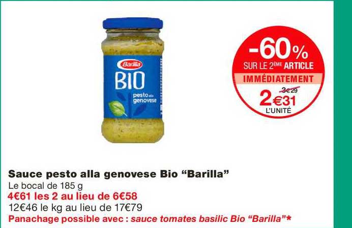 sauce pesto alla genovese bio barilla -60% sur le 2ème article immédiatement