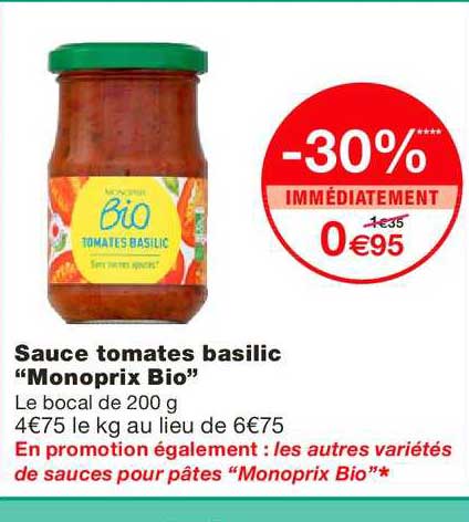 sauce tomates basilic monoprix bio -30% immédiatement