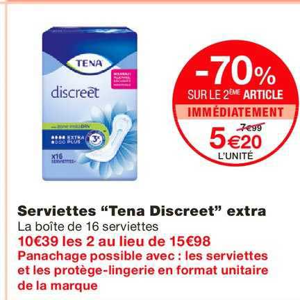 serviettes tena discreet extra -70% sur le 2ème article immédiatement
