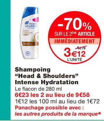 shampoing head & shoulders intense hydratation -70% sur le 2ème article immédiatement