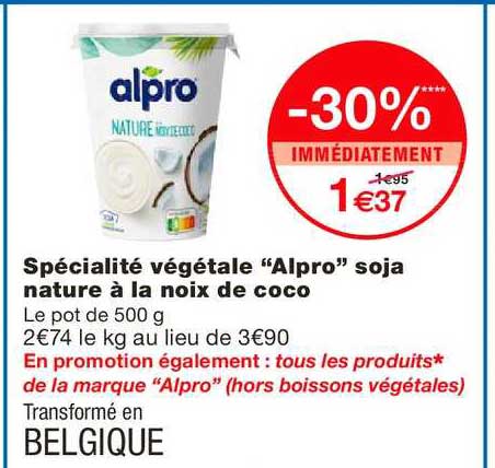 spécialité végétale alpro soja nature à la noix de coco -30% immédiatement