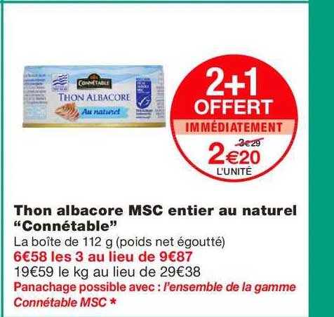 thon albacore msc entier au naturel connétable 2+1 offert immédiatement