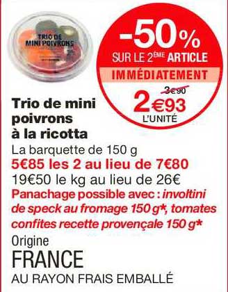 trio de mini poivrons à la ricotta -50% sur le 2ème article immédiatement