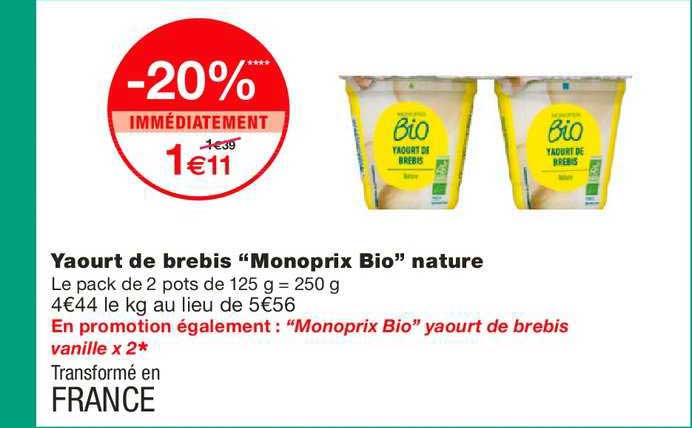 yaourt de brebis monoprix bio nature -20% immédiatement