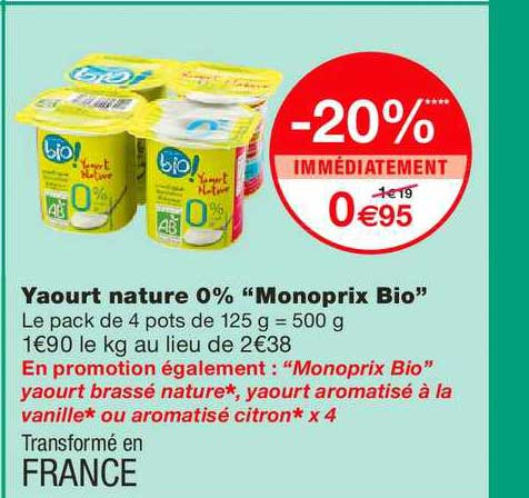 yaourt nature 0% monoprix bio -20% immédiatement