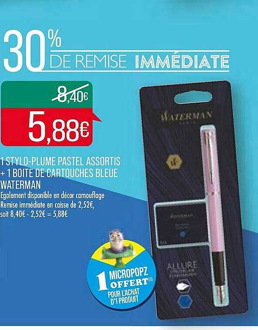 1 stylo-plume pastel assortis + 1 boite de cartouches bleue waterman
