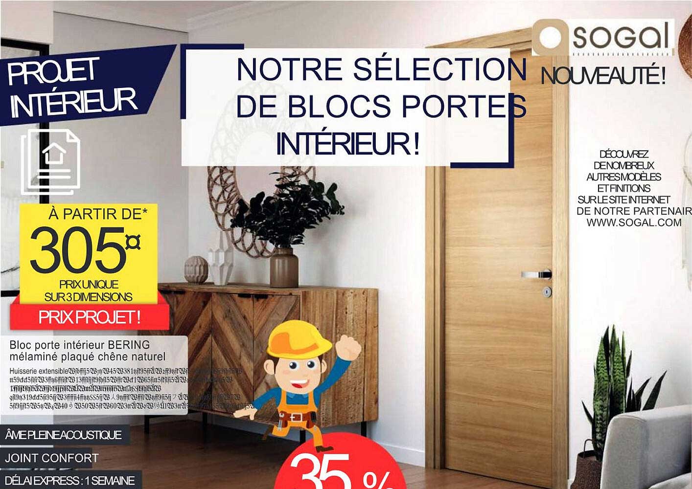 Bloc Porte Intérieur Bering Mélaminé Plaqué Chêne Naturel