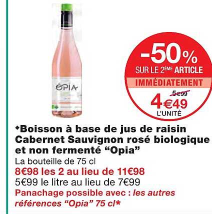 boisson à base de jus de raisin cabernet sauvignon rosé biologique et non fermenté "opia"